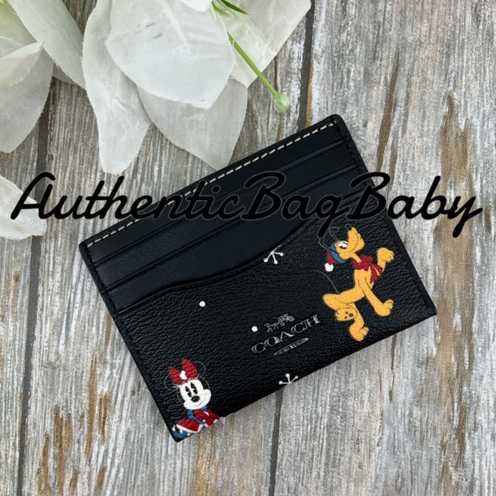Disney X Coach Slim Id Card Case With Holiday Print Wallet Bag Purse